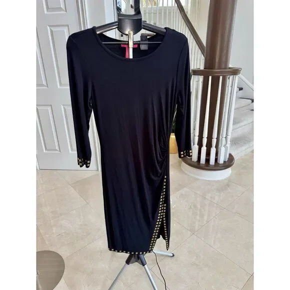 Catherine Malandrino Black Sheath Dress LBD Ruching | Gold Embellishmets Size M - Picture 1 of 14